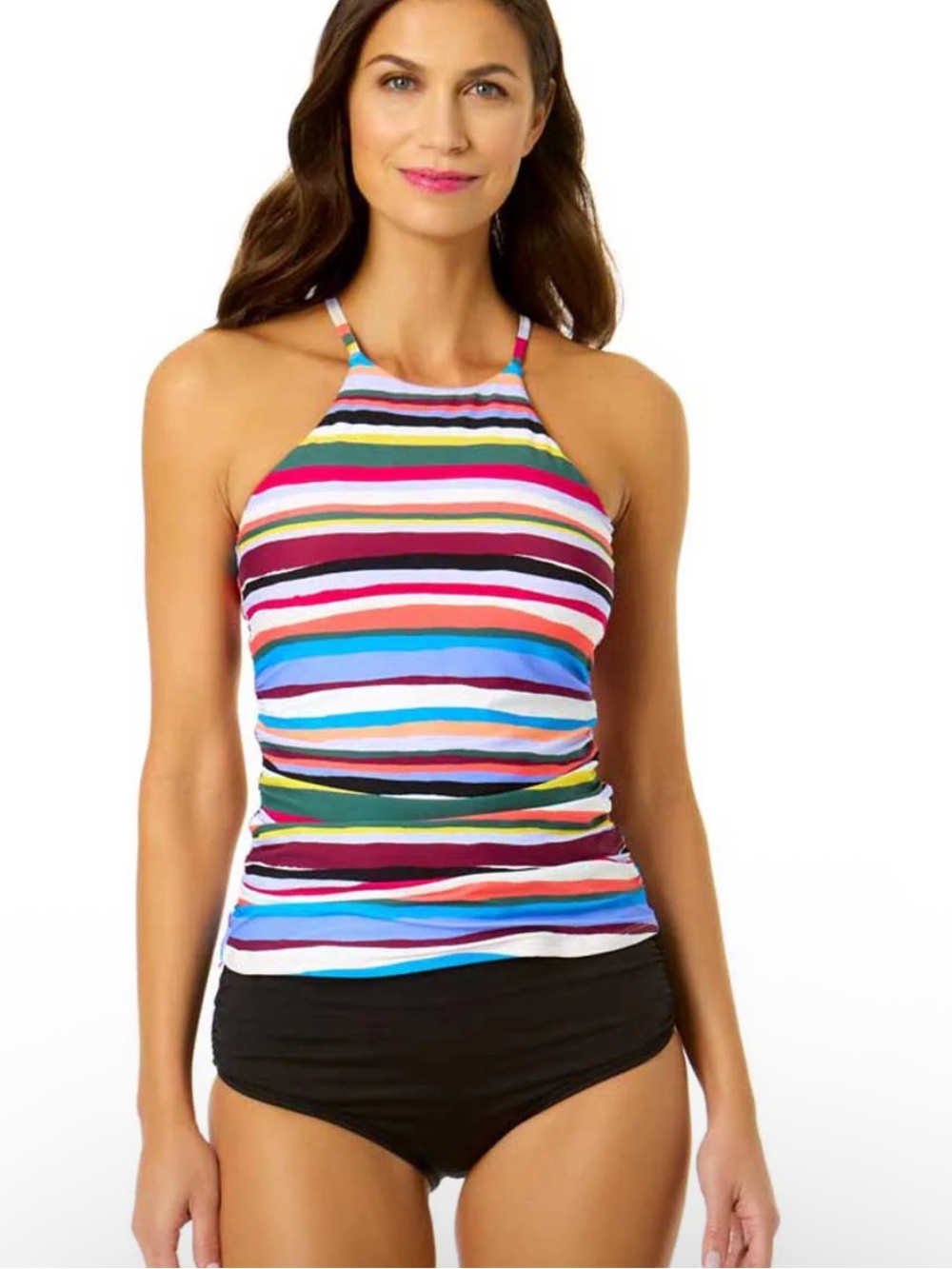 Anne Cole: Easy Breezy Stripe High Neck Tankini Top Size Medium